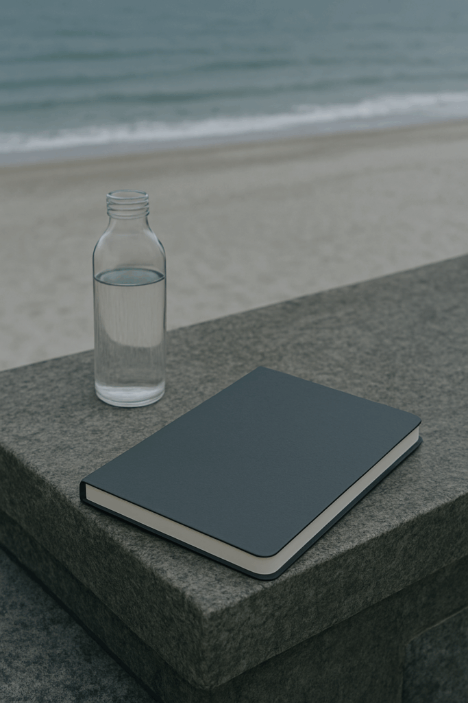 Notizbuch auf Steinstufen mit Blick auf Strand – Klarheit durch Reduktion